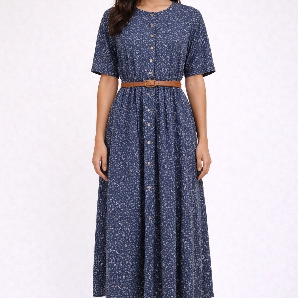 90s Vintage Dress Barn Elisabeth Blue Ditsy Floral Midi Dress 100% Cotton Size 3